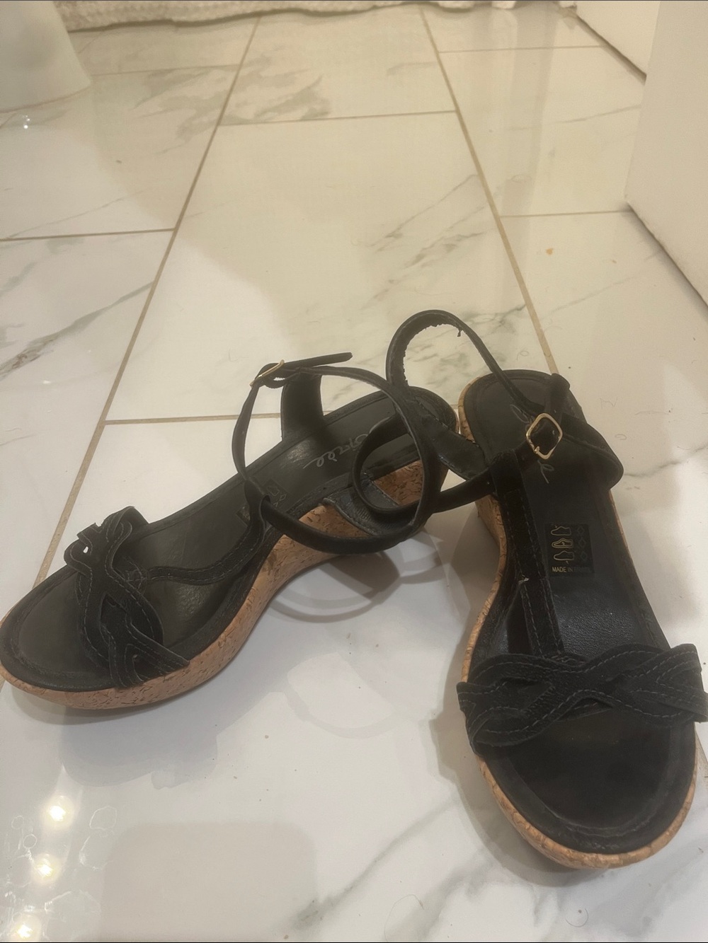 Black Cork Wedge Ankle-Strap Sandals